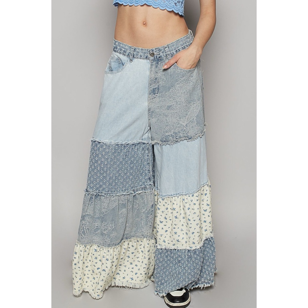 Mixed Denim & Floral Tiered Ruffle Exaggerated Wide Leg Patchwork Jeans - Picture 4 of 9